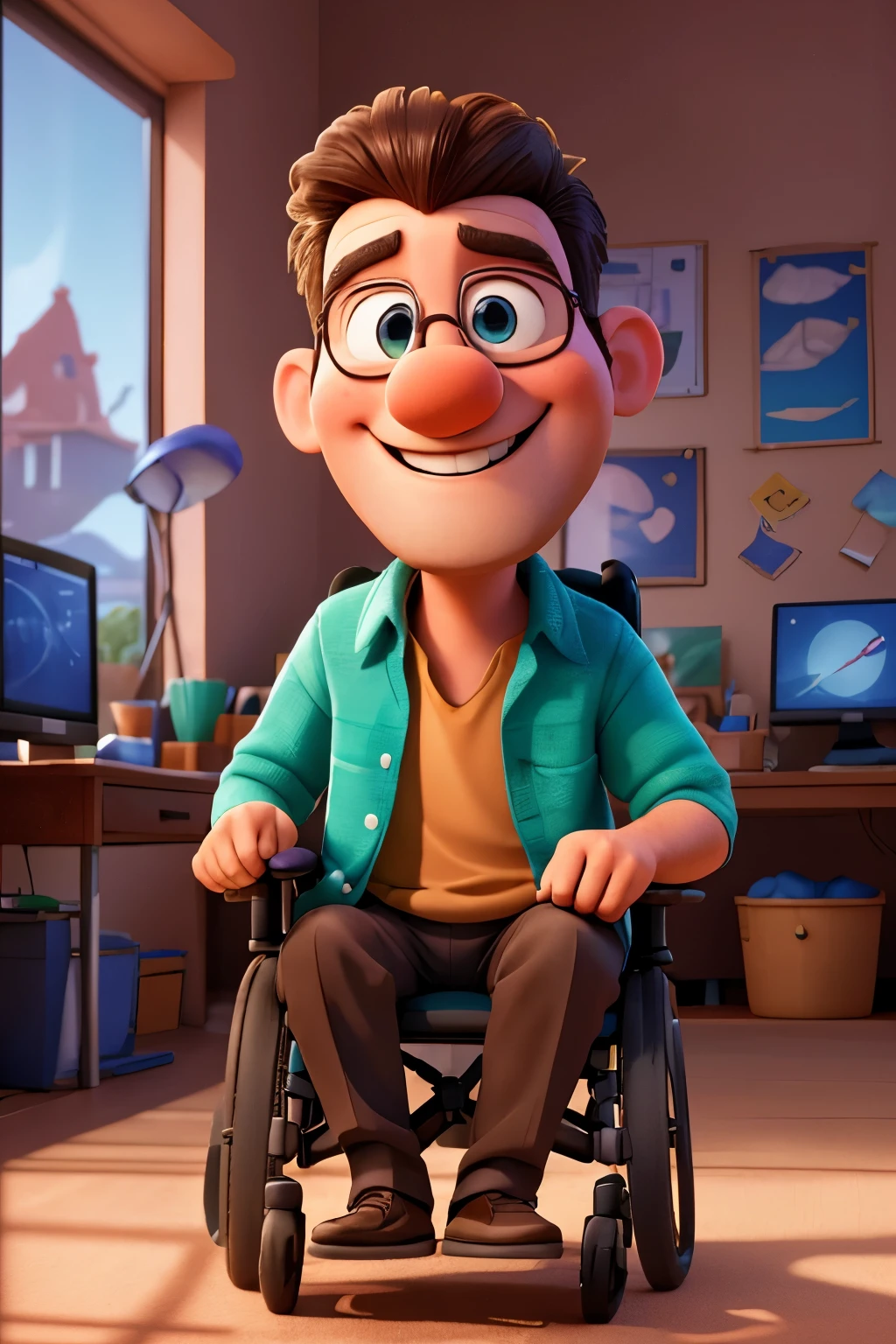 This realistic, hyper-detailed 3D Pixar Disney show features a happy man wearing a clown. The man has a warm smile on his face, with intricate detail, including subtle fine lines around it. The background is a bright and cheerful morning, with the sun rising and casting dynamic shadows. Summer is in full bloom and the image exudes a vibrant and uniform atmosphere.. A man is sitting in a wheelchair in front of the computer, working