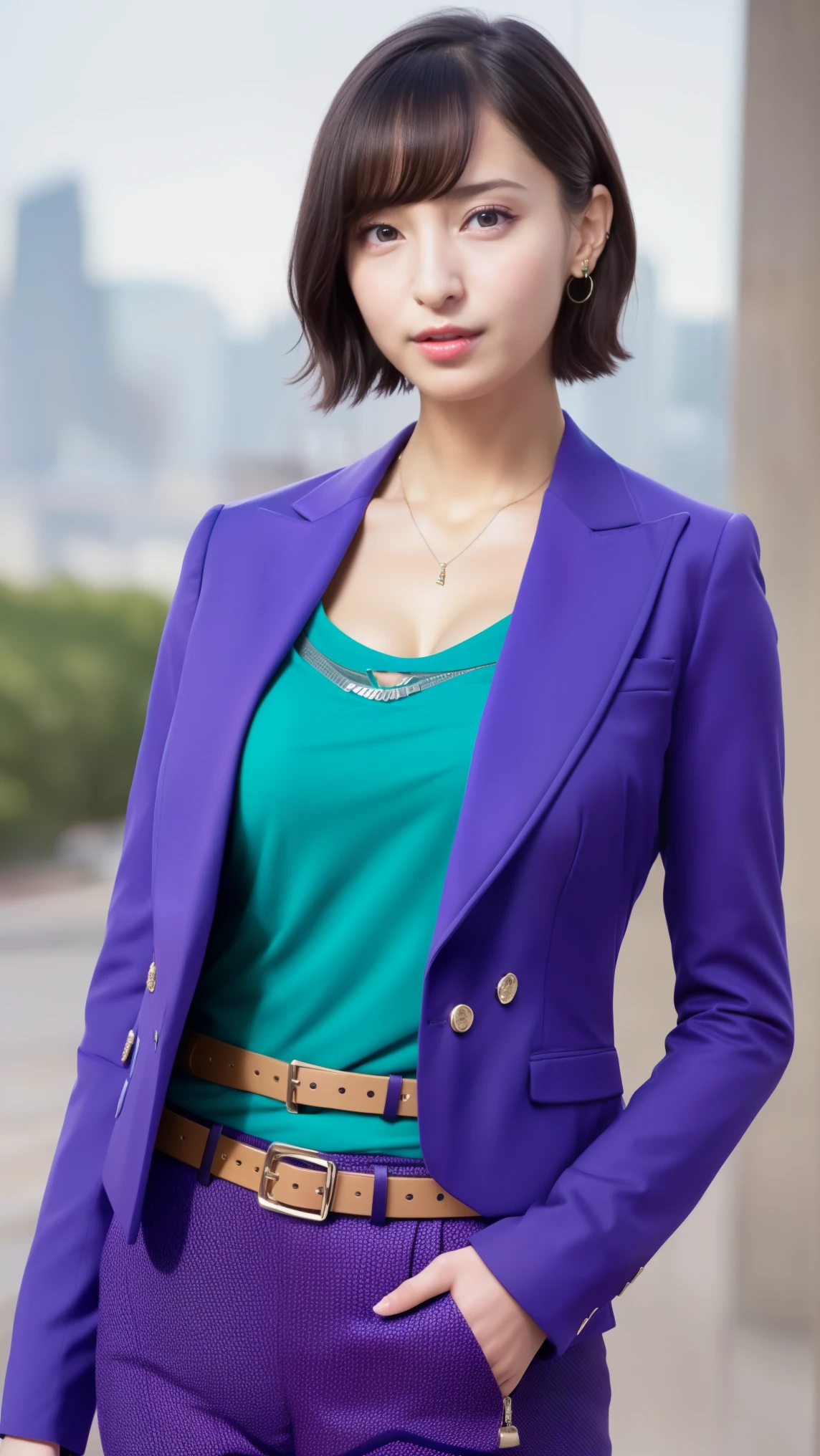 1girl,(wearing belt, belt buckle, black belt, buckle, cleavage, collarbone, jacket, long sleeves, office lady, pants, purple jacket, purple pants, wing collar, green collar:1.2),(RAW photo, best quality), (realistic, photo-realistic:1.4), masterpiece, an extremely delicate and beautiful, extremely detailed, 2k wallpaper, Amazing, finely detail, extremely detailed CG unity 8k wallpaper, ultra-detailed, highres, soft light, beautiful detailed girl, extremely detailed eyes and face, beautiful detailed nose, beautiful detailed eyes,cinematic lighting,at a park,city lights at night,perfect anatomy,slender body, close up,short hair,big breasts,smile