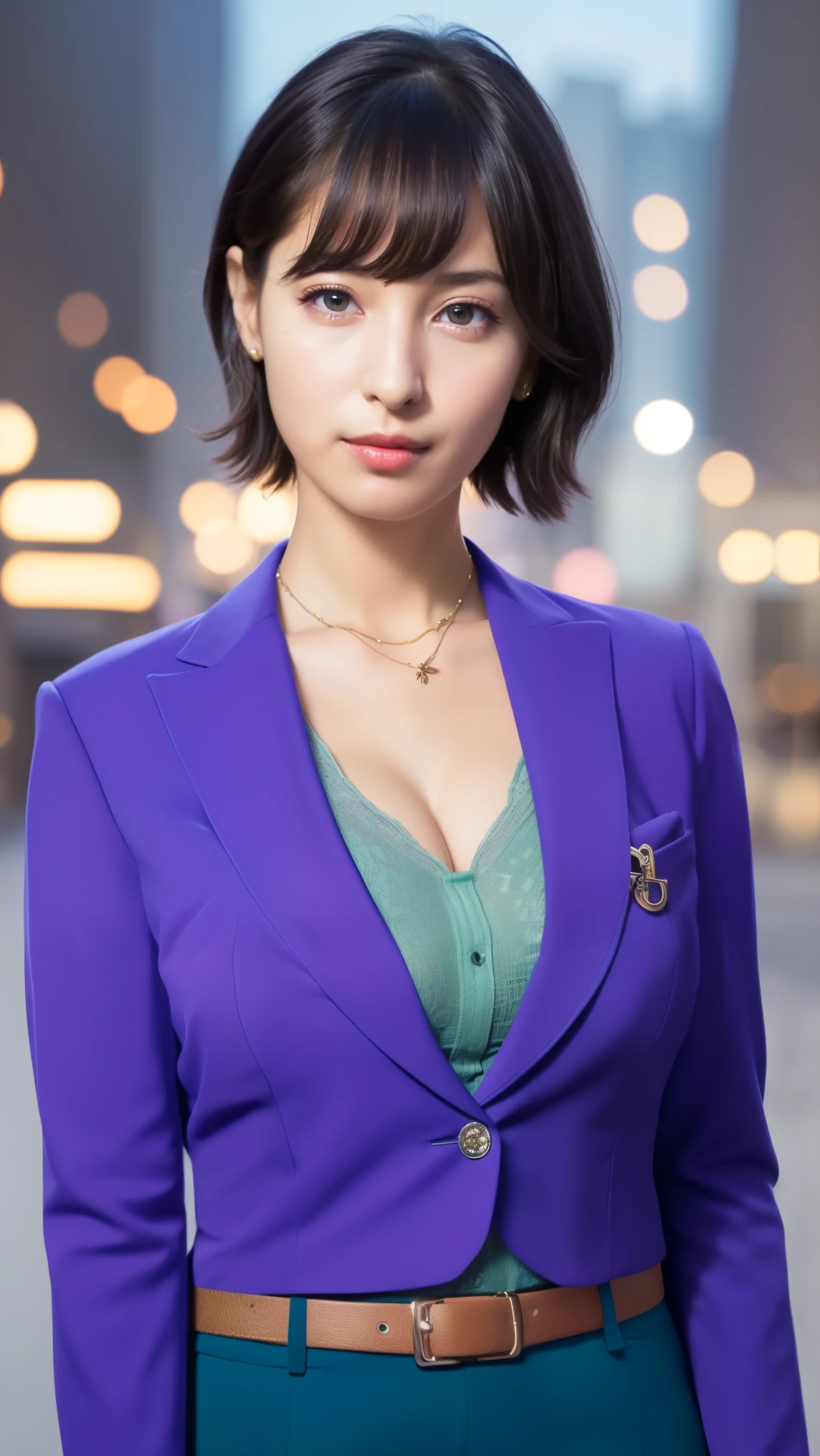 1girl,(wearing belt, belt buckle, black belt, buckle, cleavage, collarbone, jacket, long sleeves, office lady, pants, purple jacket, purple pants, wing collar, green collar:1.2),(RAW photo, best quality), (realistic, photo-realistic:1.4), masterpiece, an extremely delicate and beautiful, extremely detailed, 2k wallpaper, Amazing, finely detail, extremely detailed CG unity 8k wallpaper, ultra-detailed, highres, soft light, beautiful detailed girl, extremely detailed eyes and face, beautiful detailed nose, beautiful detailed eyes,cinematic lighting,at a park,city lights at night,perfect anatomy,slender body, close up,short hair,big breasts,smile