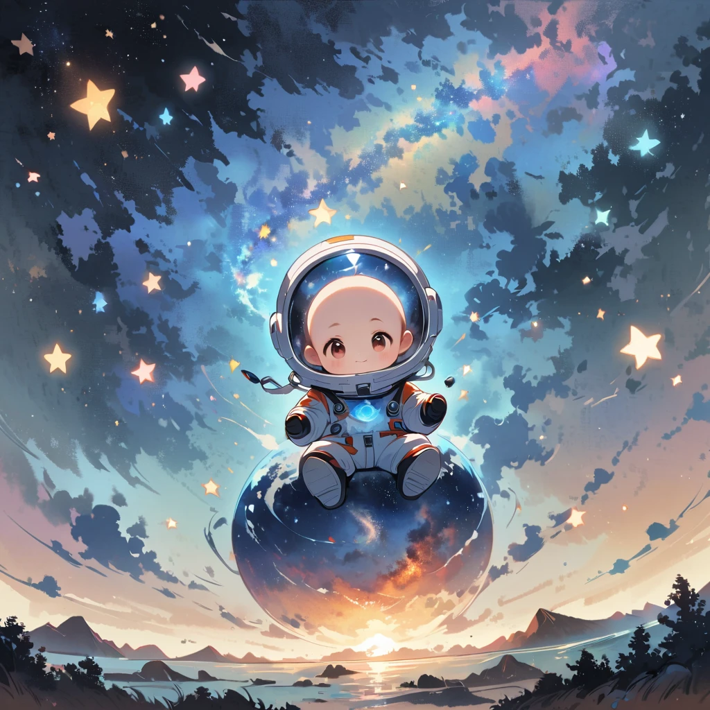 Boy sit in spacesuit floating in space,no hair, surrounded by the Milky Way, the universe , cutely. กินขนม เจอเอเลี่ยน