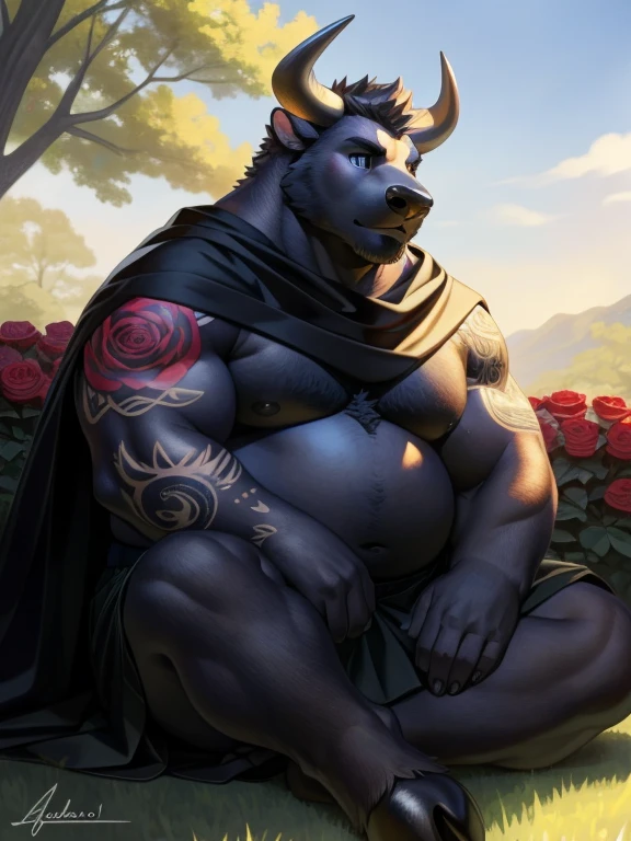 solo, anthro, furry, furry male, bull,((short fur,furry, shaggy fur, dark fur)), (floral rose garden tattooed arms, floral rose garden tattooed chest), black pupils, white sclera, black body, black fur, dark blue eye, tail, horns, detailed fur, detailed face, detailed eyes, bare chest, (black cloak, black kilt), grassy hill, (by null-ghost,by raccoon21, masterpiece, high quality, hi-res, 8k, hd, half-light, warm lighting), daytime, stoic expression, arrogant, sitting down, looking up, butterfly on nose, relaxing, Fat male bull, fat, fat belly, fat thighs, fat arms, lovehandles, bull horns, black hooves, full sleeve tattoos on both arms, torso covered in tattoos, spiky hair, mid 40s, cloak, no shirt, kilt,