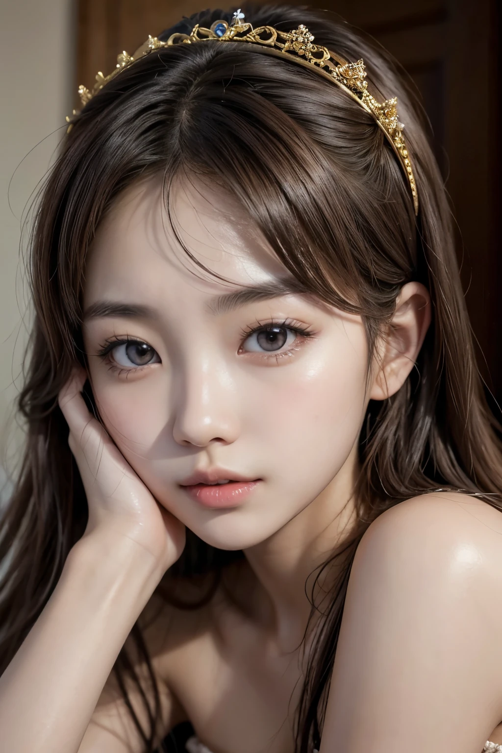 Korean woman with tanned eyes striking realistic princess features