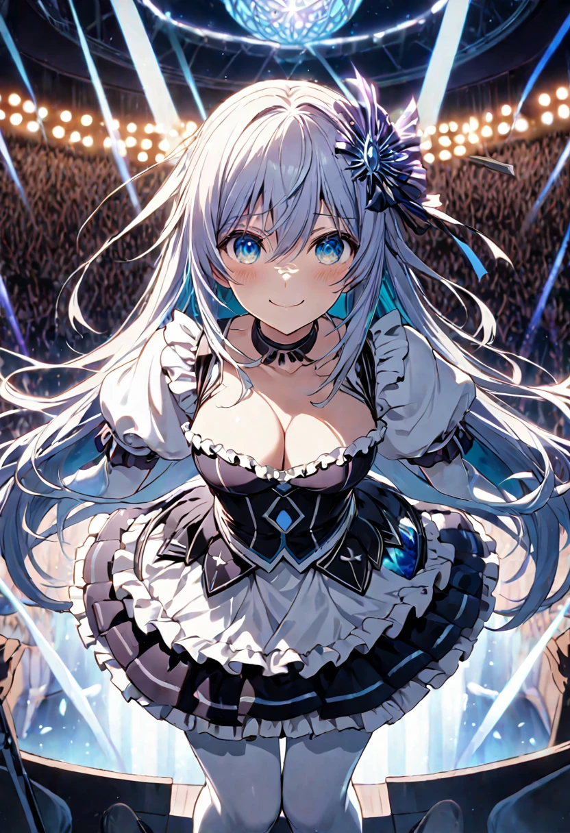 great quality ++ Extremely detailed high resolutionolution, very aesthetic, expressive eyes, (((perfect face))), (((face symmetrical))), ((good anatomy)), (((perfect hands))), (((8k))), UHD, HD wallpaper, (((detailed high cal, (((((1girl)))))), only, masterpiece, La Best Quality, high resolution, Highly detailed, (illustration), beautiful detailed eyes, (((combatant))), (((((1girl))))), ((((fullbody)))), (((date a live))), (((Ai hoshino))), ((((Girl with characteristics of Miku Izayoi and Hoshino Ai)))), (((rvcm_duotone3_hairstyle))), (((light indigo hair))), (((agglutination))), Combination, (((mature female))), (((Beauty))), (((astral dress))), (((hair ornament))), (((gloves))), (((dress))), (((pantyhose))), (((choker))), (((elbow gloves))), (((white pantyhose))), (((puffy sleeves))), (((frilleD skirt))), (((frills))), (((cleavage))), (((dome))), (((stage))), (((Concert))), (((Singing))), (((Idol))), (((puffy sleeves))), (((puffy short sleeves))), (((gradient dress))), (((narrow shoulders))), (((narrow waist))), (((They are smiling))), Long hair, huge, garden of a castle, (((mature female))), masterpiece, Best Quality, ((masterpiece)), ((best calidra derailed)), Upper part of the body, (((face to face look))),