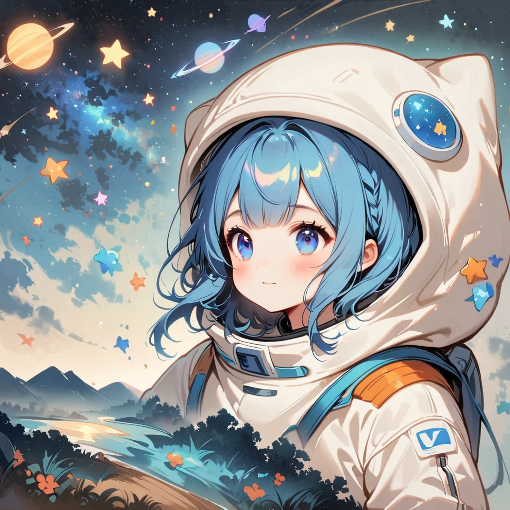 Girl in spacesuit floating in space,blue hair, surrounded by the Milky Way, the universe , cutely. กินขนม เจอเอเลี่ยน