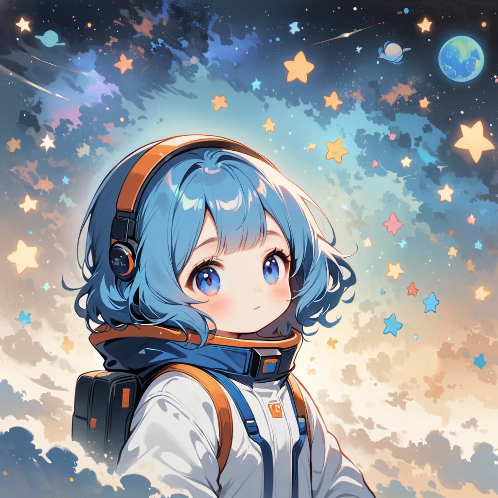 Girl in spacesuit floating in space,blue hair, surrounded by the Milky Way, the universe , cutely. กินขนม เจอเอเลี่ยน