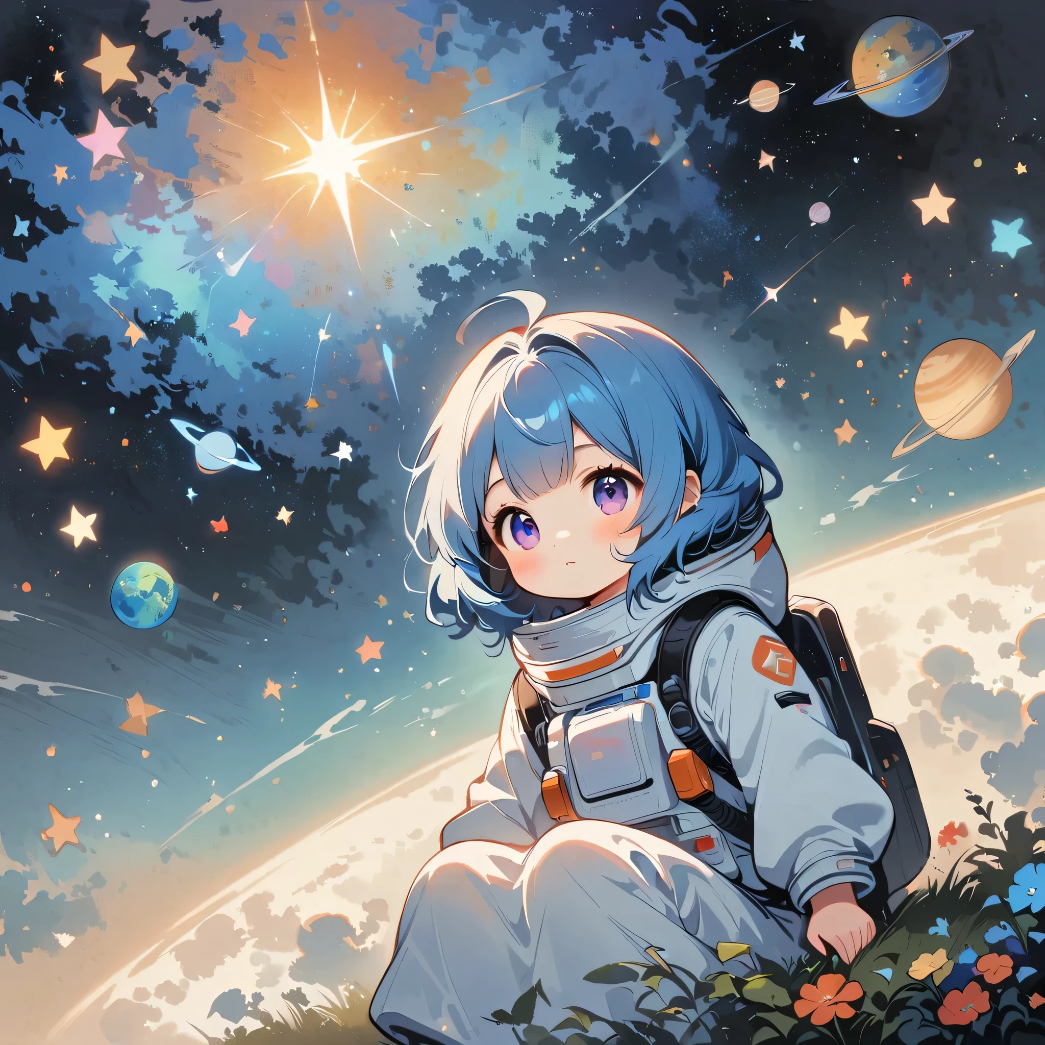 Girl sit in spacesuit floating in space,blue hair, surrounded by the Milky Way, the universe , cutely. กินขนม เจอเอเลี่ยน