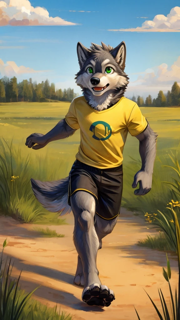 There is a young gray wolf with green eyes, he is wearing a yellow t-shirt and black shorts, he is running freely through a prairie (he is barefoot), ((Showing his wolf paws))