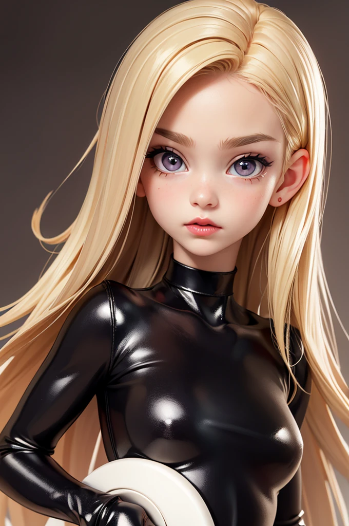 hyperrealistic 14 year old american , blonde, little, perfect tiny body, sexy, dark makeup, small choker, perfect slim face, big red lips, very cute face, tiny body, big eyes, young looking, childish looking, leather bodysuit, showing tits, tits out