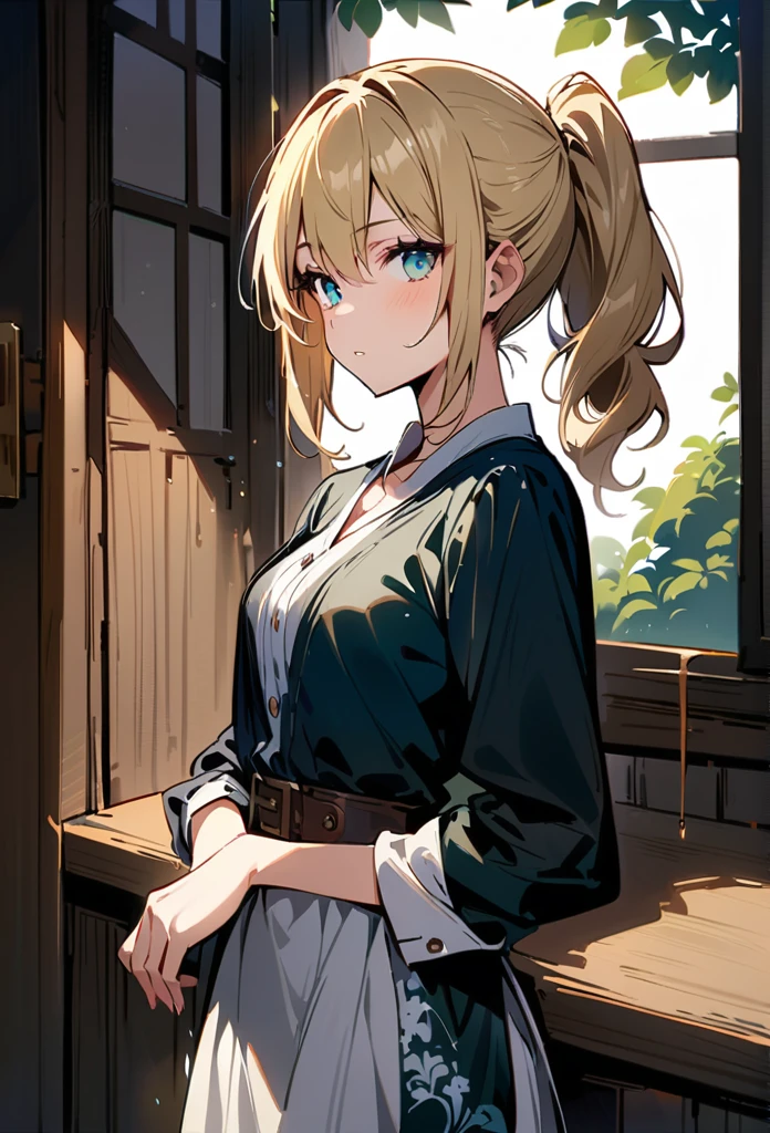 (masterpiece), ((best quality)), (Very detailed), (Beautiful eyes Beautiful details eyes, Clean and delicate face), (whole body, Variza), Single Braid Blonde Ponytail, #5: Parted Bangs, forehead, blue eyes, Smile, Wearing a sweater and plaid pleated skirt, Pantyhose, thigh, High heel, Simple color background