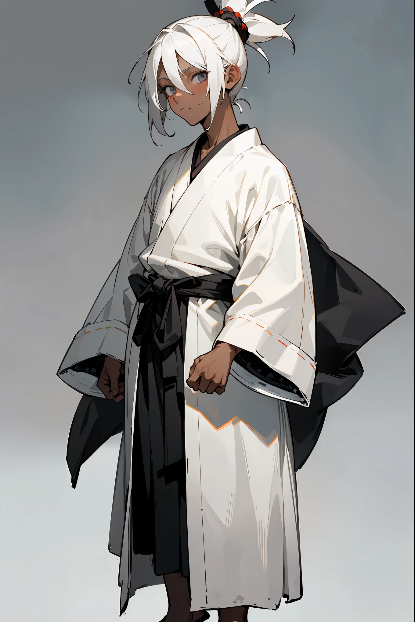 1boy, male focus, , ((childite hair, topknot, bright grey eyes, calm expression, white clothes, samurai robes, sandals, dark skin, hands to side, white room background, detailed background, detailed face, facing viewer, standing still