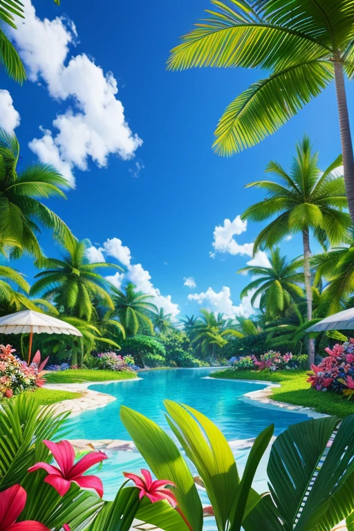 Ultra-realistic scenes, Parallel world, Divine tropical otherworldly plants, cult, Tropical flowers, Unusual art, Unique art, Summer blue sky background, sunlight, bright sunlight, Blender, Product Rendering, High quality 8K. 