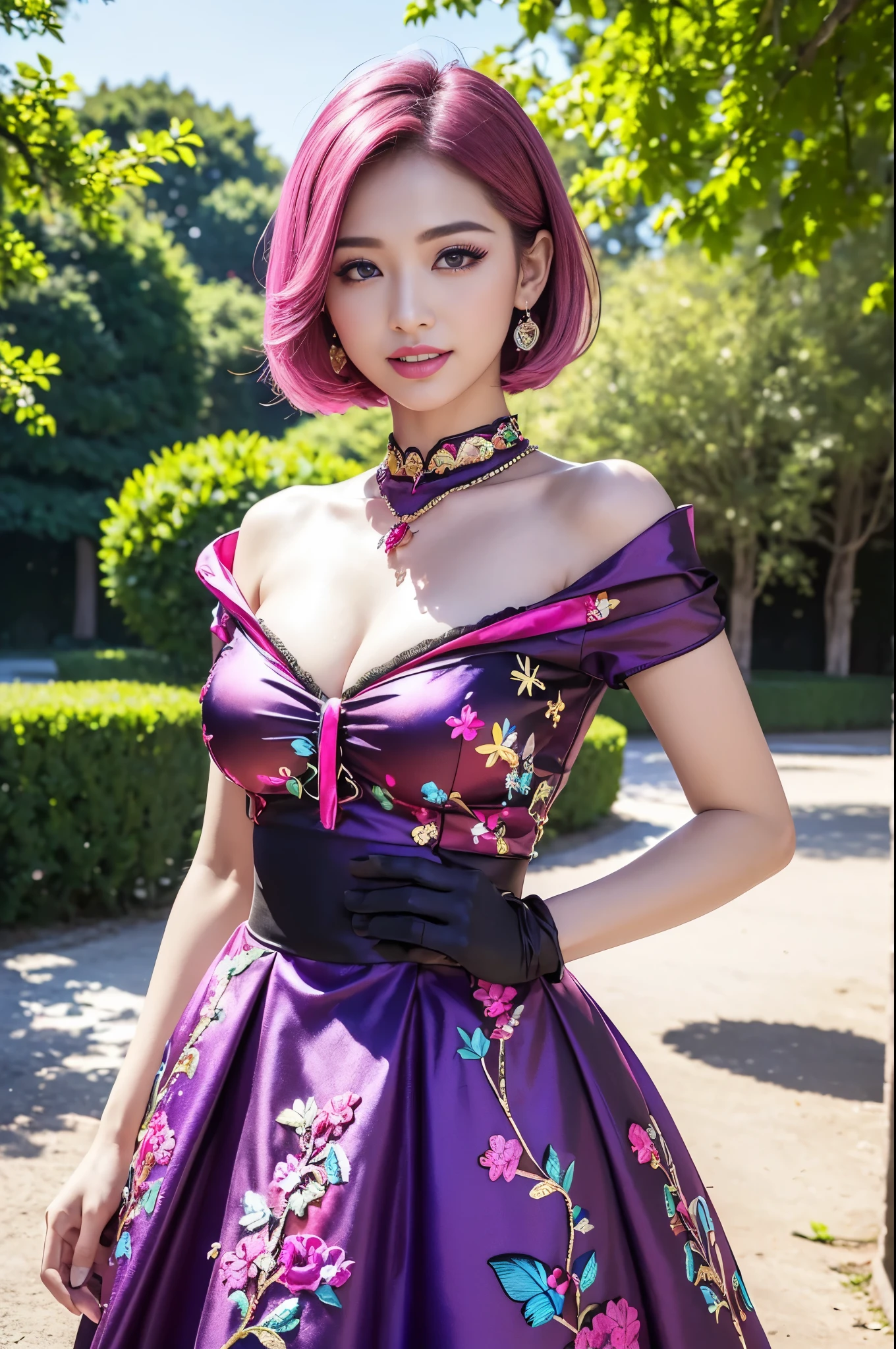 (masterpiece:1.4), (best quality:1.4), ultra high res, ultra high resolution, ((ultra detailed facial features)), HDR, (realistic, photorealistic, photo-realistic:1.37), full body Esbian, sexy Swedish model, (-anime), vivid colors, ((vivid colors multicolor (fuchsia, pink, light blue, purple) very short hair)), (big smile), ultra detailed metallic makeup, lip-gloss, long lashes, defined eyebrows, wearing large sparkling colorful jewelery, wearing a red silk Paradise Kiss cosplay dress with black floral embroidery, ((vivid colors outfit)), vivid colors, look at the camera, cinematic light, large park background with trees, sweet and sexy pose