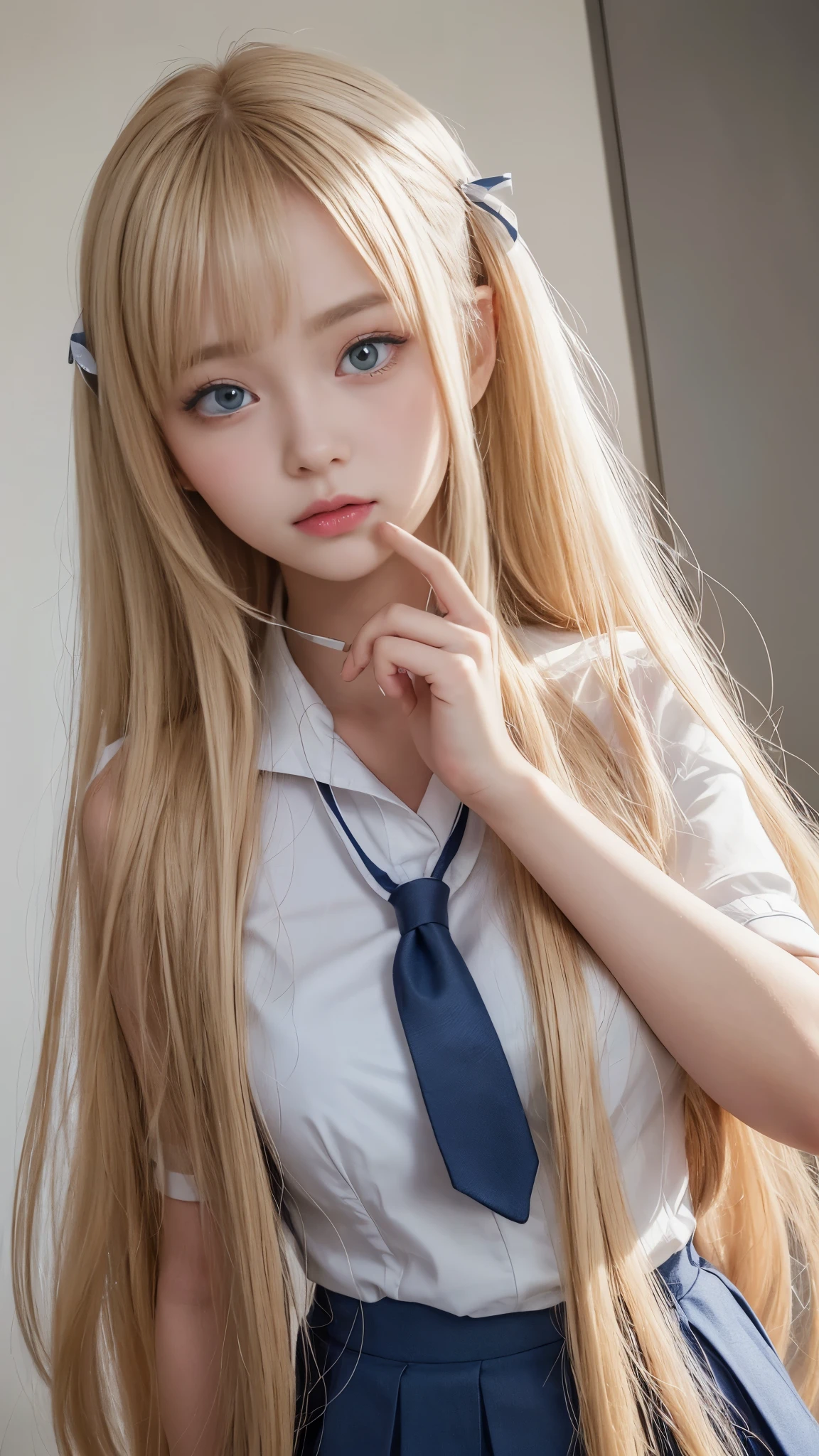 Bright expression、Photorealism、Highest quality、Ultra-high resolution、picture、The most beautiful Scandinavian girls photos、A cute and beautiful face down to the last detail、(Pure Eros Face_v1)、Beautiful Bangs、Alice in Wonderland、、beautiful girl、Baby Face、、Glowing White Skin、Hair sticks to face、Bangs on the face、Bans、Hair between the eyes、Super long hair、Attractive bright natural blonde super long straight silky hi-light hair、Beautiful bright transparent light blue big eyes that are charming and shining、(School uniforms、school uniform)、eyeliner、double eyelid、Ample breasts、(Correct Anatomy)、Captivating facial expression、Gaze at the viewer、Detailed eyes and face、Professional photography techniques