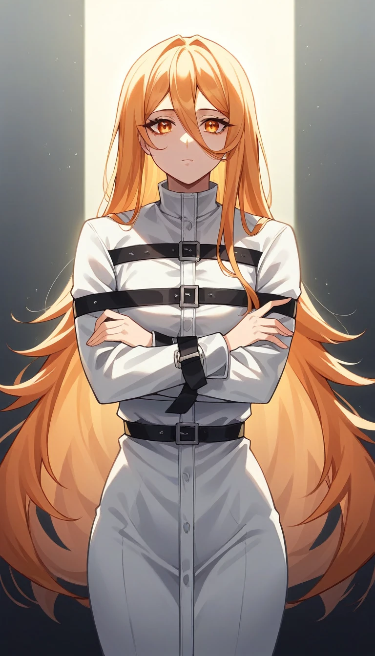 c.c., expressionless, , (masterpiece, best quality, ultra-detailed, best shadow, volumetric lighting), (beautiful detailed face, beautiful detailed eyes), (best illumination),, orange eyes, very long hair, (white straitjacket:1.4), black belt, , (cowboy shot:1.3), intense angle,, mksks style, beautiful background, professional lighting, landscape with warm Colors,