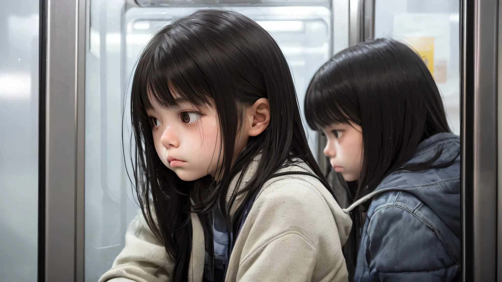 A close-up shot of a sad young girl named Mia, sitting alone in a subway car. She is looking thoughtfully out of the window. The lighting is dim, casting a melancholic shadow on her face. Her expression is pensive, reflecting her feelings of loneliness. The background shows a blurred view of the subway interior, emphasizing her isolation.