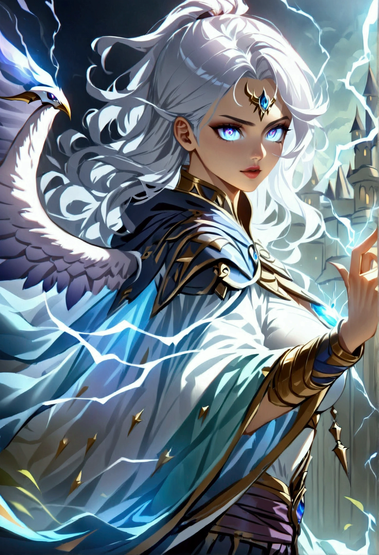 arafed high details, best quality, 16k, [ultra detailed], masterpiece, best quality, (extremely detailed), dynamic angle, ultra wide shot, photorealistim, RAW, fantasy art, dnd art, fantasy art, realistic art, a wide angle picture of a female aasimar sorceress casting a lightning spell, full body (intense details, Masterpiece, best quality), D&D aasimar, exremley beautiful female aasimar, silver hair, long hair, wavy hair, dynamic eyes color, angelic eyes, radiant magical eyes, ultra detailed face (intense details, Masterpiece, best quality), spread angelic wings, white angelic wings (intense details, Masterpiece, best quality), wearing [black] robe, wearing blue cloak, long cloak, flowing cloak with lightning motifs (intense details, Masterpiece, best quality), armed with magical staff (intense details, Masterpiece, best quality), manipulating lightning magical energy (intense details, Masterpiece, best quality), controlling lightning, dark fantasy magical tower background, evil temple background (intense details, Masterpiece, best quality), rpg portrait, LightningMagicAI, Cinematic Hollywood Film, feathered wings