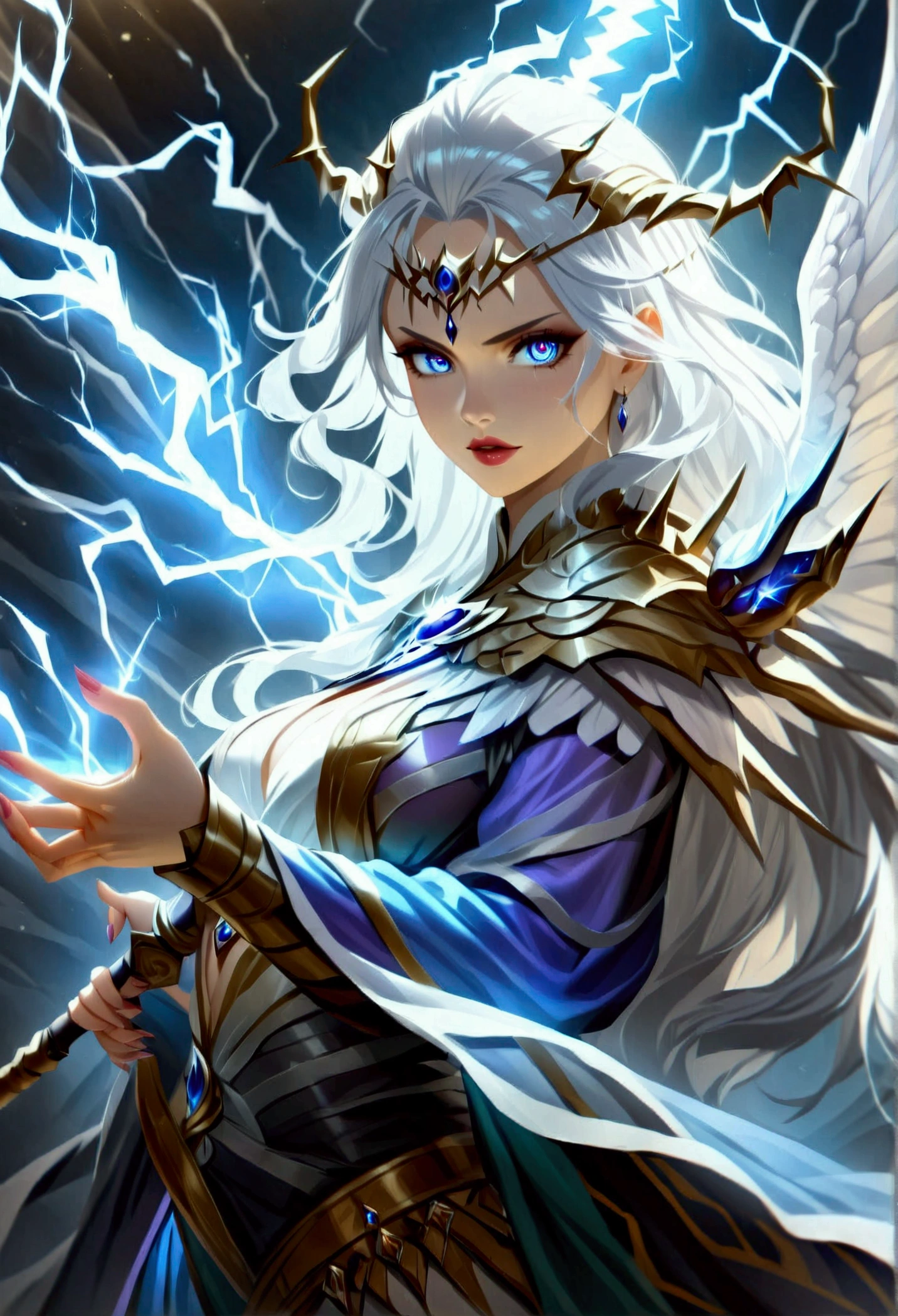 arafed high details, best quality, 16k, [ultra detailed], masterpiece, best quality, (extremely detailed), dynamic angle, ultra wide shot, photorealistim, RAW, fantasy art, dnd art, fantasy art, realistic art, a wide angle picture of a female aasimar sorceress casting a lightning spell, full body (intense details, Masterpiece, best quality), D&D aasimar, exremley beautiful female aasimar, silver hair, long hair, wavy hair, dynamic eyes color, angelic eyes, radiant magical eyes, ultra detailed face (intense details, Masterpiece, best quality), spread angelic wings, white angelic wings (intense details, Masterpiece, best quality), wearing [black] robe, wearing blue cloak, long cloak, flowing cloak with lightning motifs (intense details, Masterpiece, best quality), armed with magical staff (intense details, Masterpiece, best quality), manipulating lightning magical energy (intense details, Masterpiece, best quality), controlling lightning, dark fantasy magical tower background, evil temple background (intense details, Masterpiece, best quality), rpg portrait, LightningMagicAI, Cinematic Hollywood Film, feathered wings