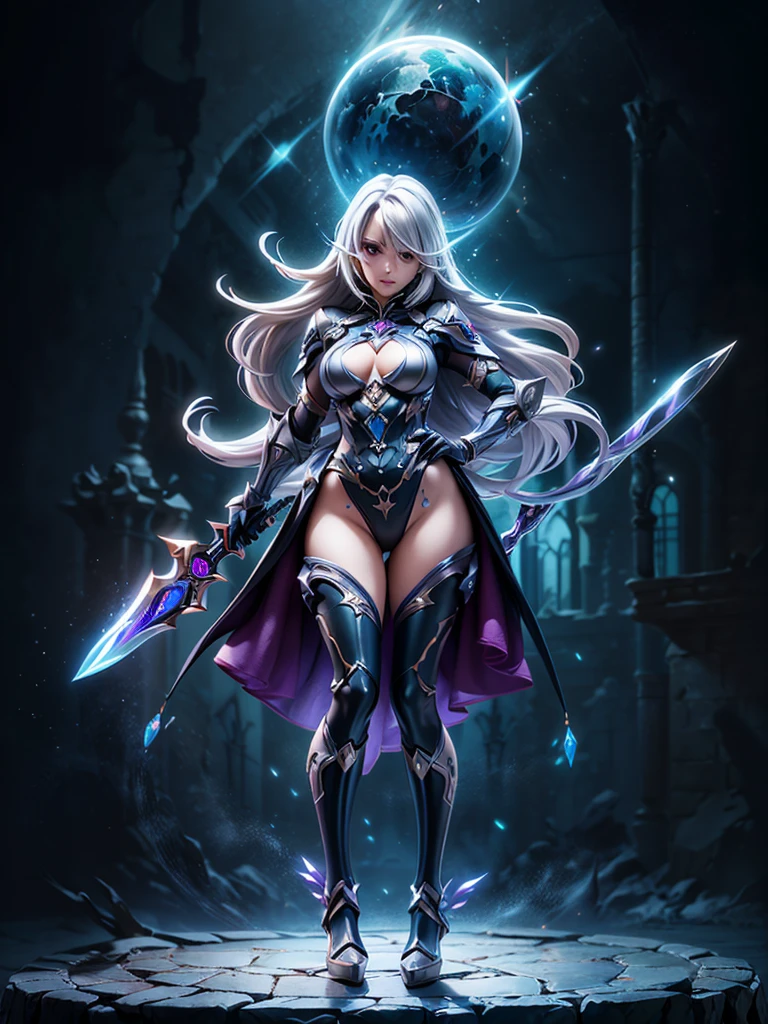 (((masterpiece, best quality, high detailed, 8k))) Design a layout showcase Gaming character, (1girl). Purple|Silver clothes, stylish and unique. ((showcase weapon:1.4)), magical orb. (masterpiece:1.2), (best quality), 4k, ultra-detailed. (Step by step design, layout art:1.5), (luminous lighting, atmospheric lighting). sorceress, ((glove full hands)), (((revealing clothes:1.3))), vambraces, armored legwear, (((full_body_shot:1.4))). {In an enchanted castle}.