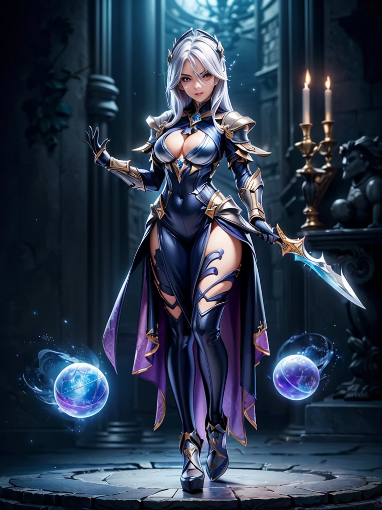 (((masterpiece, best quality, high detailed, 8k))) Design a layout showcase Gaming character, (1girl). Purple|Silver clothes, stylish and unique. ((showcase weapon:1.4)), magical orb. (masterpiece:1.2), (best quality), 4k, ultra-detailed. (Step by step design, layout art:1.5), (luminous lighting, atmospheric lighting). sorceress, ((glove full hands)), (((revealing clothes:1.3))), vambraces, armored legwear, (((full_body_shot:1.4))). {In an enchanted castle}.