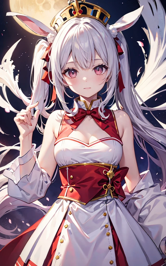 Rabbit ears，White twin ponytails，Bai Changzhi，crown，castle，White pleated dress，Red Eye，Big red gem on chest，There is a red bow on the neck，The upper body is decorated with many pearls，sleeveless，Royal sister，night，Glowing red sea water