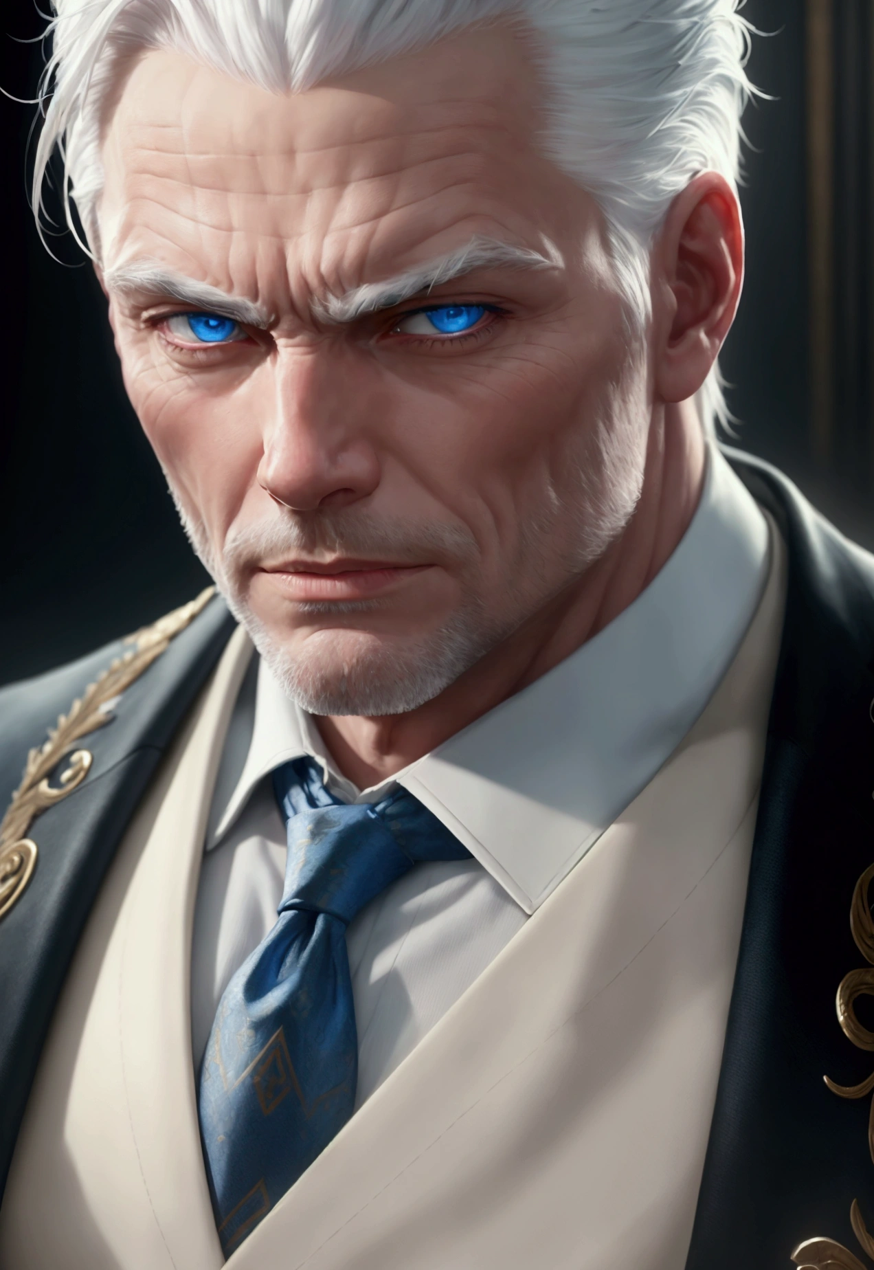 a strong man with white hair and blue eyes wearing a suit, detailed portrait, realistic, photorealistic, detailed facial features, sharp focus, high quality, 8k, extremely detailed, studio lighting, dramatic lighting, chiaroscuro, cinematic, moody, warm colors, rich textures, intricate details, hyperrealistic, masterpiece, award winning photography