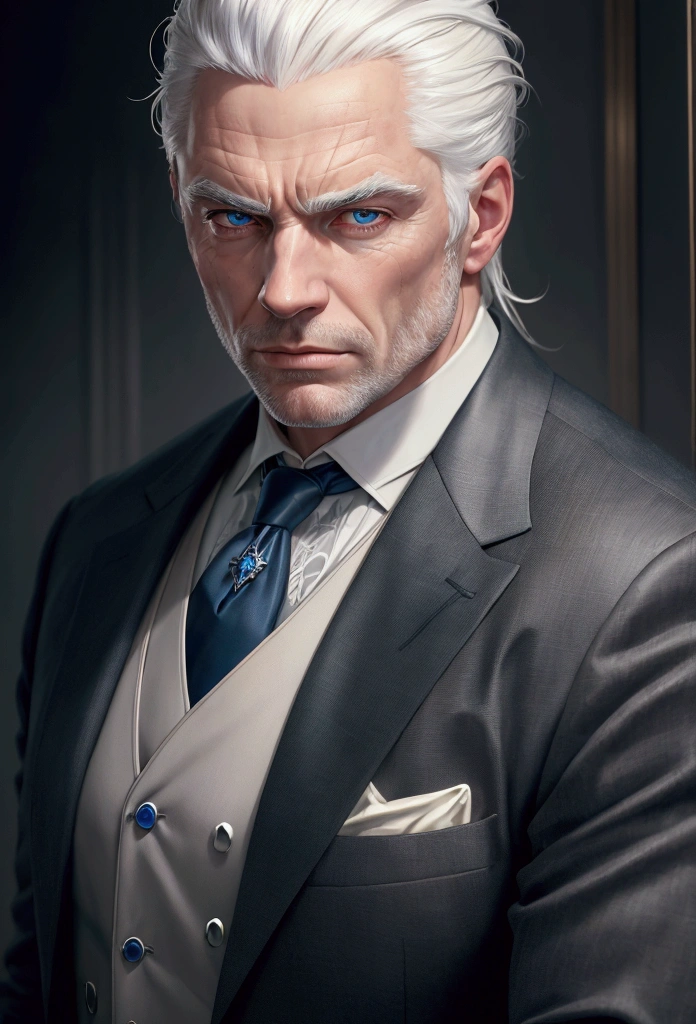 a strong man with white hair and blue eyes wearing a suit, detailed portrait, realistic, photorealistic, detailed facial features, sharp focus, high quality, 8k, extremely detailed, studio lighting, dramatic lighting, chiaroscuro, cinematic, moody, warm colors, rich textures, intricate details, hyperrealistic, masterpiece, award winning photography