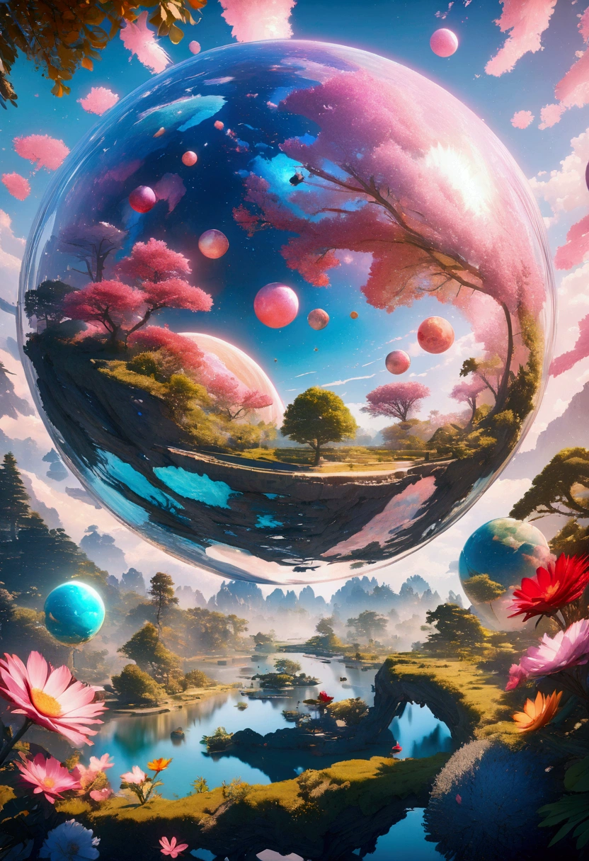 (((masterpiece))) (((Highest quality))) Glass sphere, close-up of a planet with a bunch of trees on it, overgrown planet, green planet, Fractal World, A lush world of fantasy, fantasy planet, Dyson sphere, pink planet, 3D rendering beep, planetary landscape, round planet inspired by Jofra Bosschart, planet, Future World, psychedelic flower planets, Mysterious World, (Outward radiance)