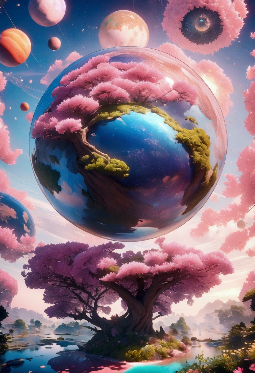 (((masterpiece))) (((Highest quality))) Glass sphere, close-up of a planet with a bunch of trees on it, overgrown planet, green planet, Fractal World, A lush world of fantasy, fantasy planet, Dyson sphere, pink planet, 3D rendering beep, planetary landscape, round planet inspired by Jofra Bosschart, planet, Future World, psychedelic flower planets, Mysterious World, (Outward radiance)