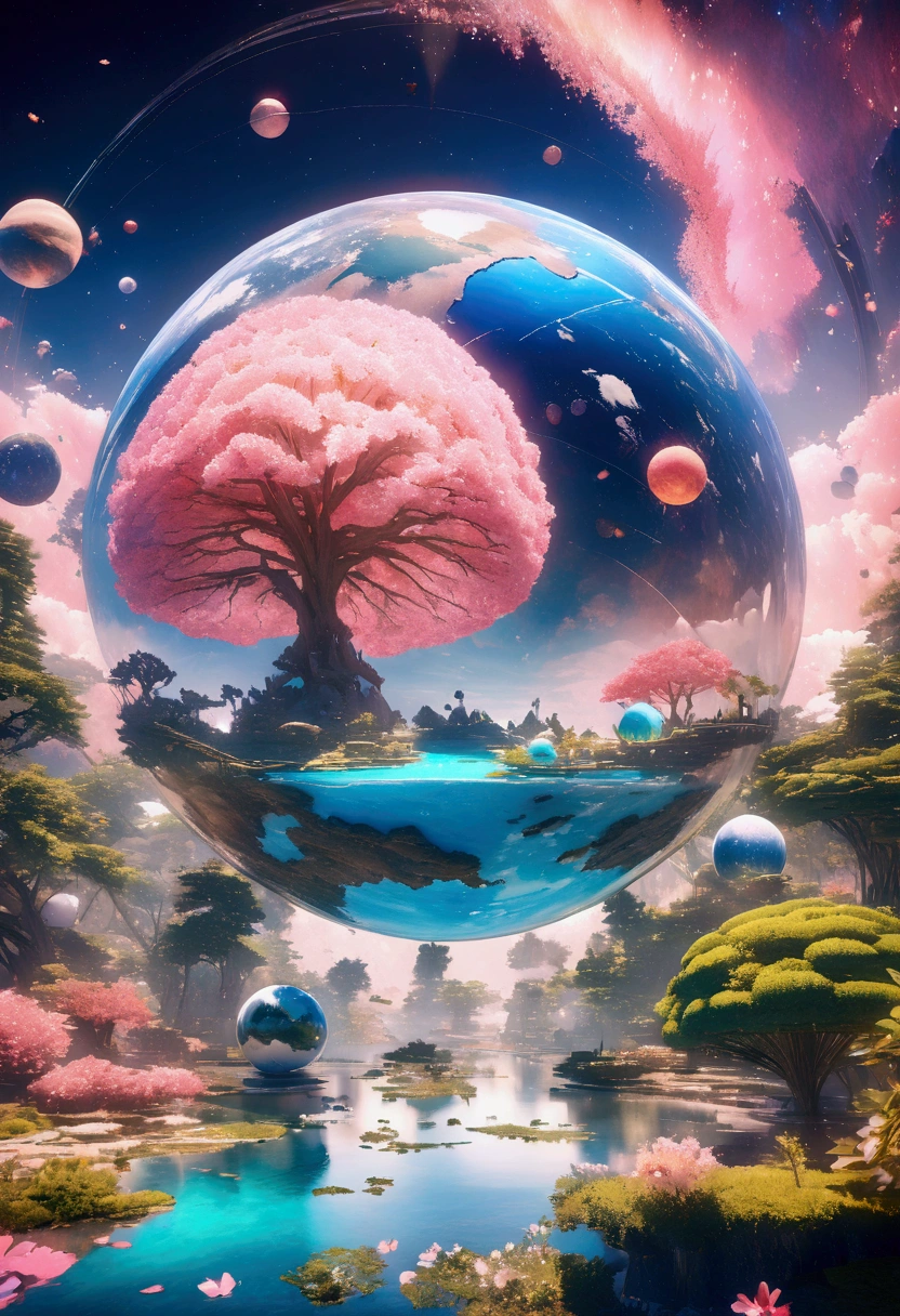 (((masterpiece))) (((Highest quality))) Glass sphere, close-up of a planet with a bunch of trees on it, overgrown planet, green planet, Fractal World, A lush world of fantasy, fantasy planet, Dyson sphere, pink planet, 3D rendering beep, planetary landscape, round planet inspired by Jofra Bosschart, planet, Future World, psychedelic flower planets, Mysterious World, (Outward radiance)