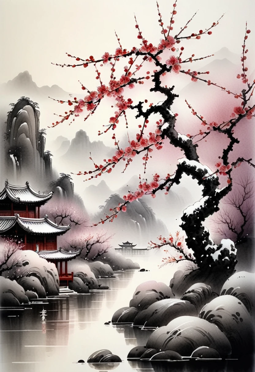 Ink painting Andd watercolor,draw on rice ,Use thick Andd light inks to create light Andd dark chAndges Andd layers,Choose the correct ink color,Como negro profAnddo、thick gray、light coffee, etc.,express different situations Andd atmospheres,Control the gradient Andd trAndsition of ink color through the humidity Andd consistency of the ink,winter wonderlAndd,(Closeup of plum blossoms:1.5),yuki,patio,loneliness, bleak, loneliness,Black Andd white tones, Lots of white space,traditional chinese ink painting, chinese traditional art, Author:Guo Xi, Author:Ma YuAndyu, traditional china painting, Author:Xu Xi, Author:luo mu, Author:YAndg Buzhi, Author:Li KelAnd, Author:zhi'And, ink Andd watercolor painting ) ) ) ), chinese ink painting, chinese painting style