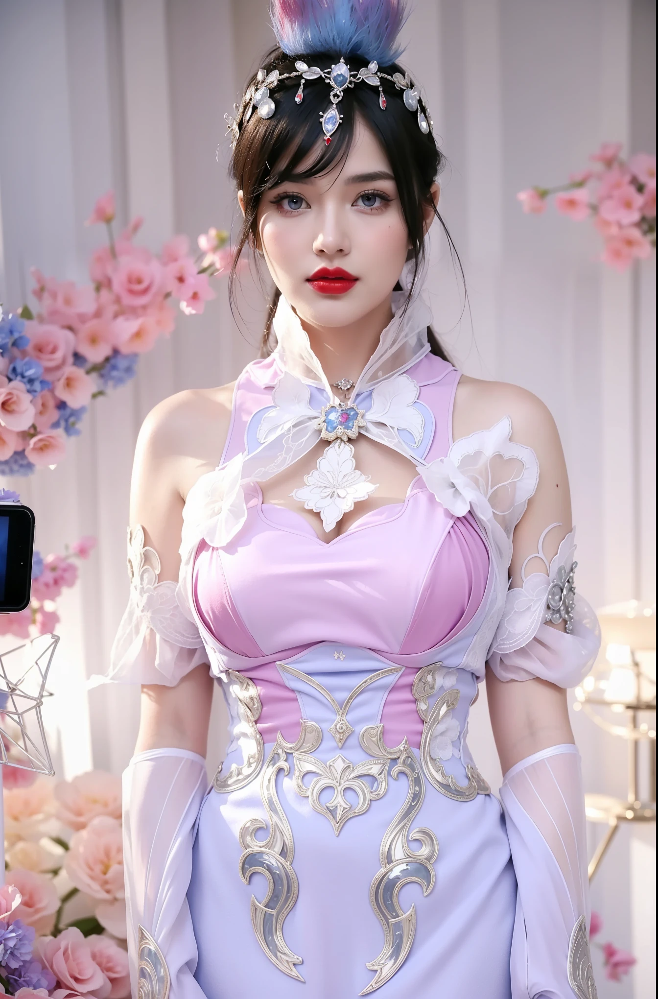 Royal princess,Extremely detailed, Delicate face, Stock Photography , Portrait 400, F1 Camera Lens.6, rich and colorful, Surrealism, Realistic textures, Dramatic Lighting, Thin Film Distiller 800 (8K, original photo, Better quality, masterpiece: 1.2), Extremely detailed, (Extremely delicate skin: 1.2), 8K ultra high definition, SLR camera, Soft Light, high quality.Fire Queen,Blue pupils,Wear red lipstick,Have a tattoo,The tattoo is very three-dimensional,Gorgeous and intricate tattoo designs,Dark eyeshadow,Sexy thick lips(Red lipstick),A billion dollar jewellery,