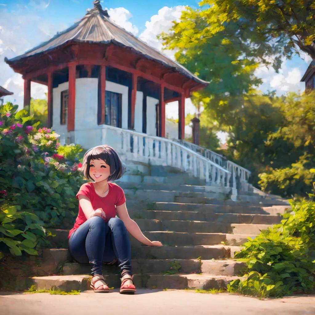 sayudef, full body, smile, blush, outdoors, daytime, simple background, blue sky, short hair, sky, temple, looking at the audience, sitting on the stairs, village, moody lights,