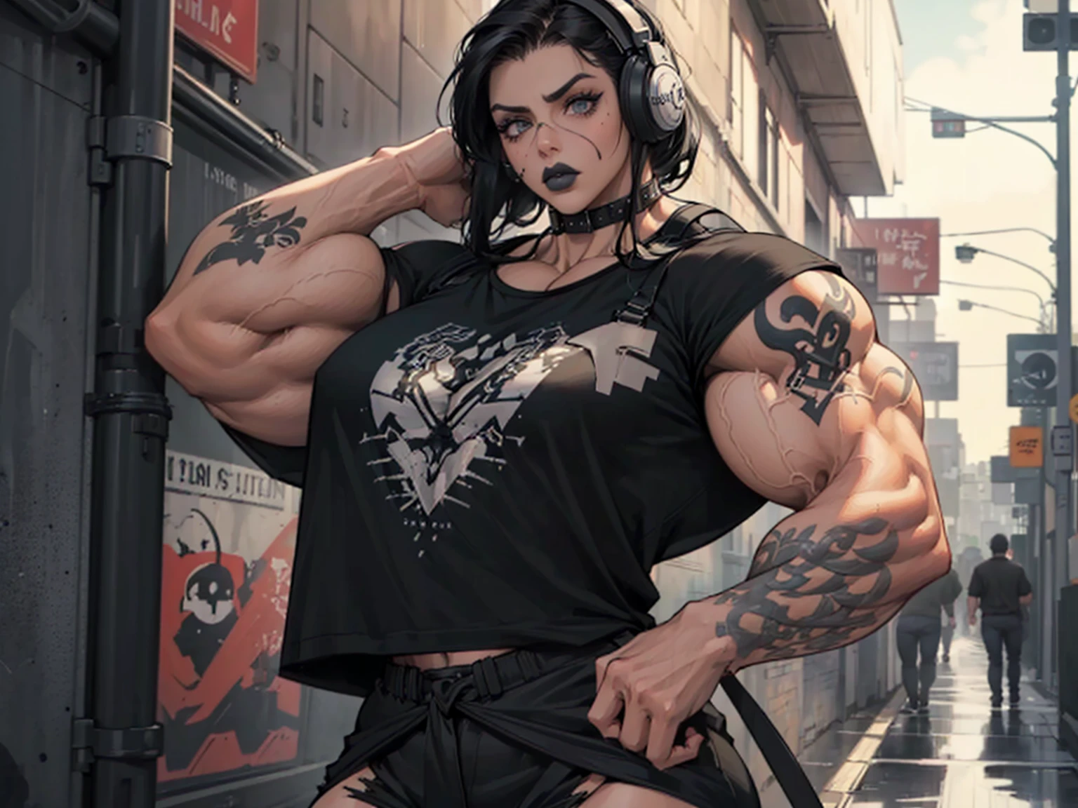 masterpiece, realistic, detailed, young woman, (hypermuscle:1.5), long straight black hair, goth, ((loose baggy oversized black band tshirt)), (innocent expression:1.2), black lipstick, small waist, massive thighs, headphones, tattoos, (detailed face, beautiful face, realistic face), (huge lips) walking, college corridors