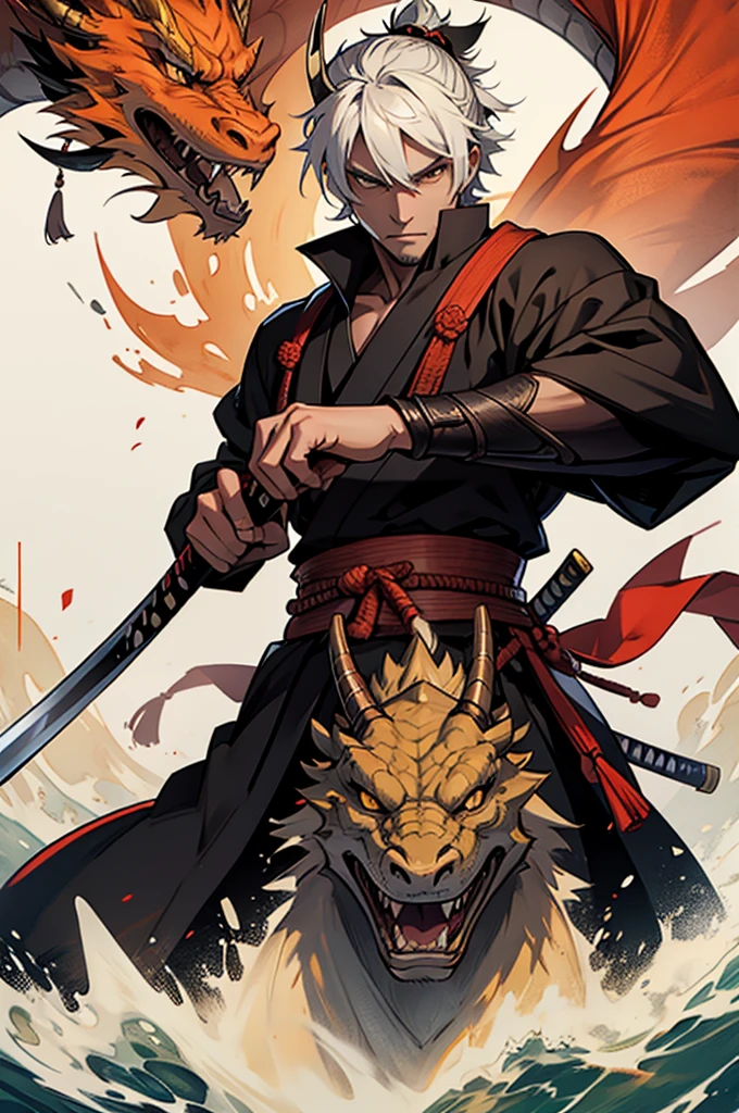 Samurai with katana. dragon in the background