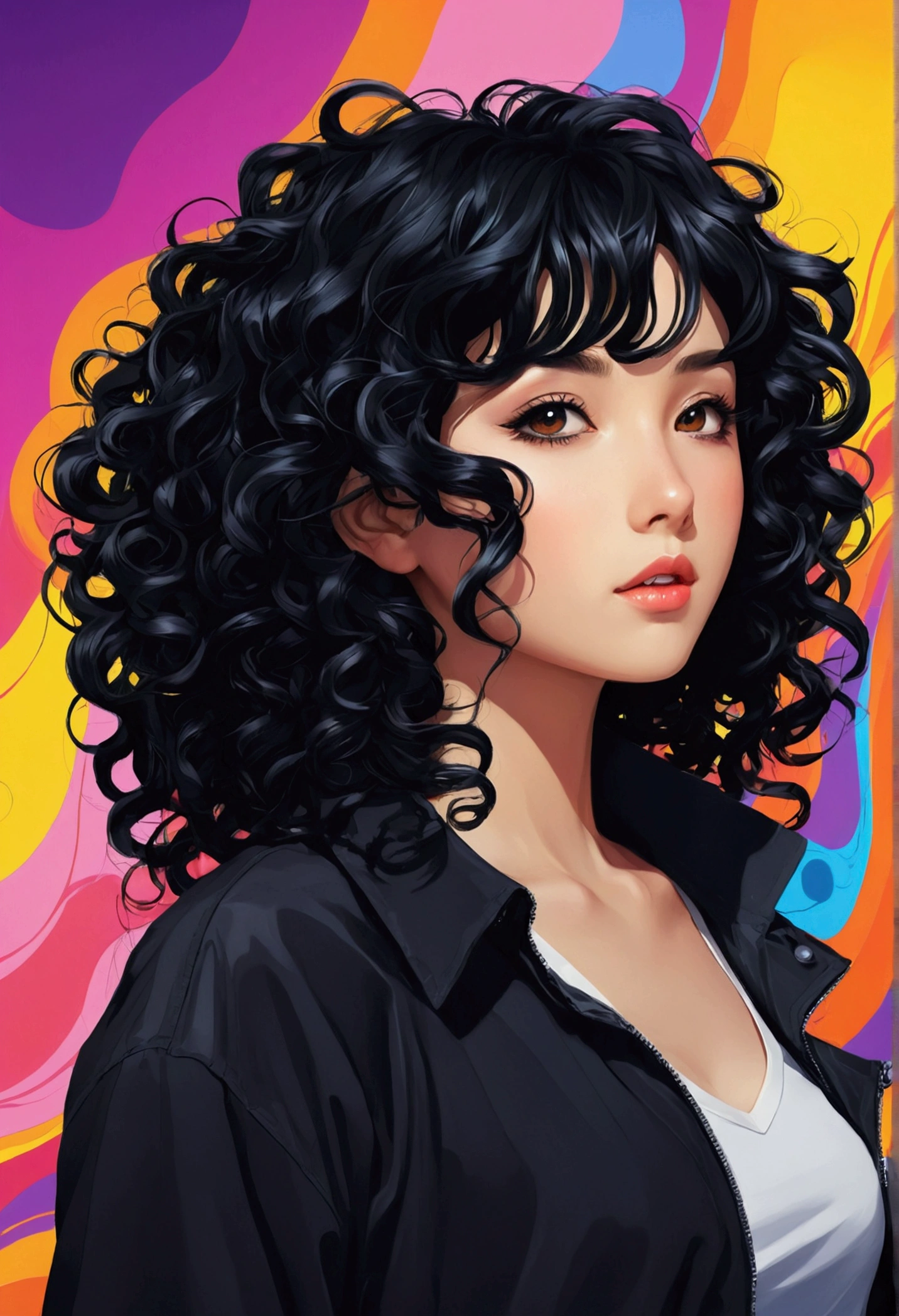 anime style, woman with curly black hair
