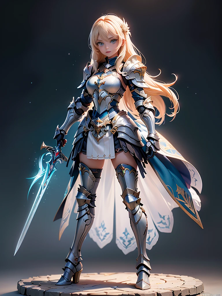 (((masterpiece, best quality, high detailed, 8k))) Design a layout showcase Gaming character, (1girl). valkyrie White|Blue|Gold armor, elegant and majestic. ((showcase weapon:1.4)), celestial sword. (masterpiece:1.2), (best quality), 4k, ultra-detailed. (Step by step design, layout art:1.5), (luminous lighting, atmospheric lighting). divine warrior, ((glove full hands)), (((regal armor:1.3))), shoulder pauldrons, armored boots, (((full_body_shot:1.4))). {In a radiant celestial realm}.