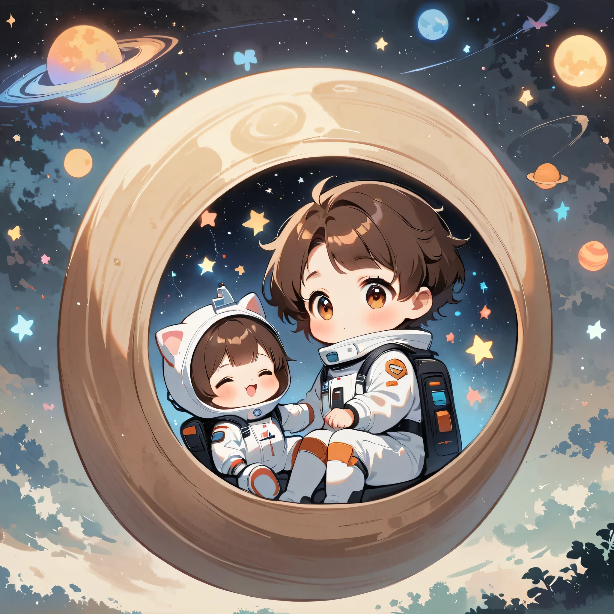 Boy sit in spacesuit floating in space,brown hair, surrounded by the Milky Way, the universe , cutely. กินขนม เจอเอเลี่ยน