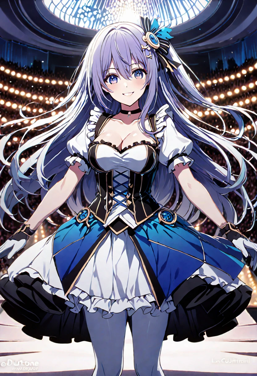 great quality ++ Extremely detailed high resolutionolution, very aesthetic, expressive eyes, (((perfect face))), (((face symmetrical))), ((good anatomy)), (((perfect hands))), (((8k))), UHD, HD wallpaper, (((detailed high cal, (((((1girl)))))), only, masterpiece, La Best Quality, high resolution, Highly detailed, (illustration), beautiful detailed eyes, (((combatant))), (((((1girl))))), ((((fullbody)))), (((date a live))), (((HOSHINOAI))), ((((Girl with characteristics of Miku Izayoi and Hoshino Ai)))), (((rvcm_duotone3_hairstyle))), (((light indigo hair))), (((agglutination))), Combination, (((mature female))), (((Beauty))), (((astral dress))), (((hair ornament))), (((gloves))), (((dress))), (((pantyhose))), (((choker))), (((elbow gloves))), (((white pantyhose))), (((puffy sleeves))), (((frilleD skirt))), (((frills))), (((cleavage))), (((dome))), (((stage))), (((Concert))), (((Singing))), (((Idol))), (((puffy sleeves))), (((puffy short sleeves))), (((gradient dress))), (((narrow shoulders))), (((narrow waist))), (((They are smiling))), Long hair, huge, garden of a castle, (((mature female))), masterpiece, Best Quality, ((masterpiece)), ((best calidra derailed)), Upper part of the body, (((face to face look))),