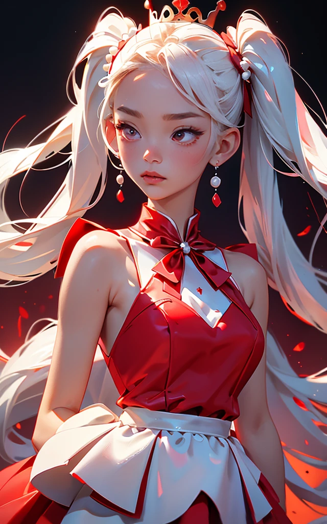 Rabbit ears，White twin ponytails，Bai Changzhi，crown，castle，White pleated dress，Red Eye，Big red gem on chest，There is a red bow on the neck，The upper body is decorated with many pearls，sleeveless，Royal sister，night，Glowing red sea water