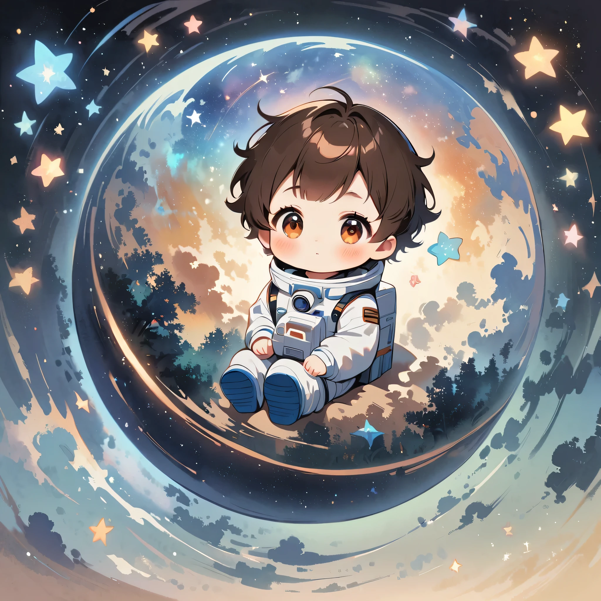 Boy sit in spacesuit floating in space,brown hair, surrounded by the Milky Way, the universe , cutely.  กินขนม เจอเอเลี่ยน