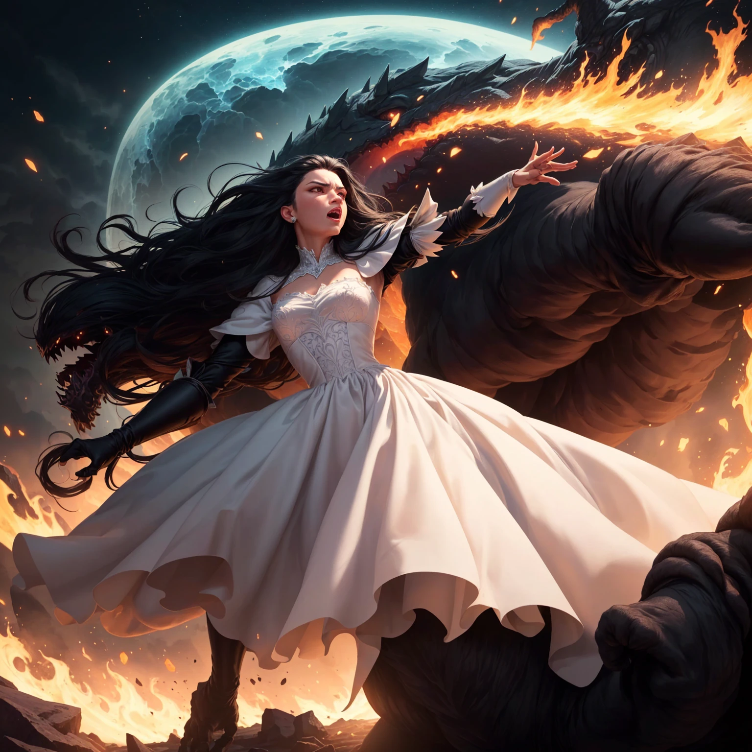 ((best quality)), ((masterpiece)), (detailed), A digital illustration of a furious long black haired woman wearing a full white princess dress throwing the head of a giant monster at night. The background is lava