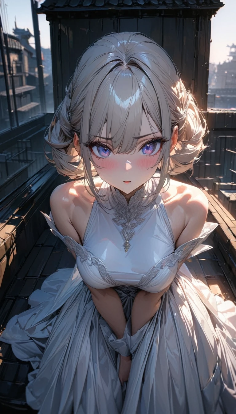 One person, woman, Ultra-high resolution, 超detailed, Highest quality, 8k,((Highest quality)), ((masterpiece)), (detailed),Face direction(front),Hair Color(Light light blue,Fine hair quality), Hairstyle(Well-organized), background(Rooftop,),eye(きれいなeye元), clothing(White Dress),expression(Exquisite features depicting a perfect face),Body Type(model,Glamorous),Perfect hands,完璧なwoman像, Dramatic Shadows, Japanese, Cute pose, Anime characters, ,