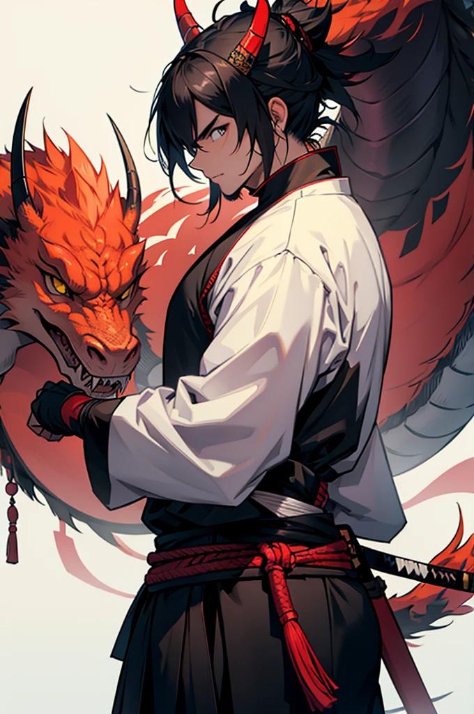 Samurai with katana. dragon in the background