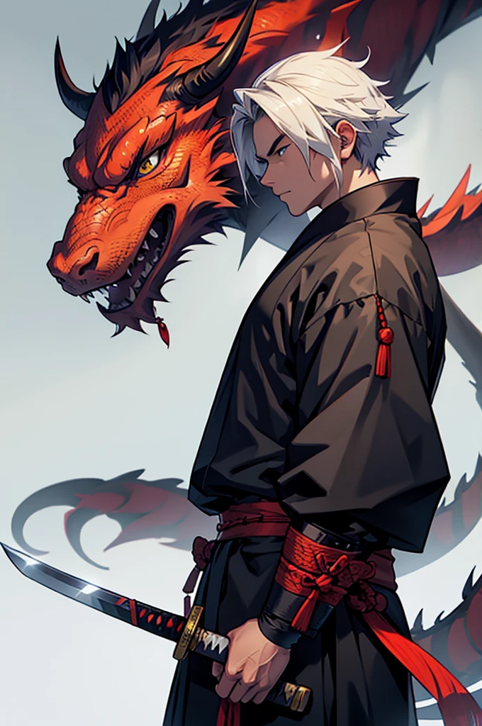 Samurai with katana. dragon in the background