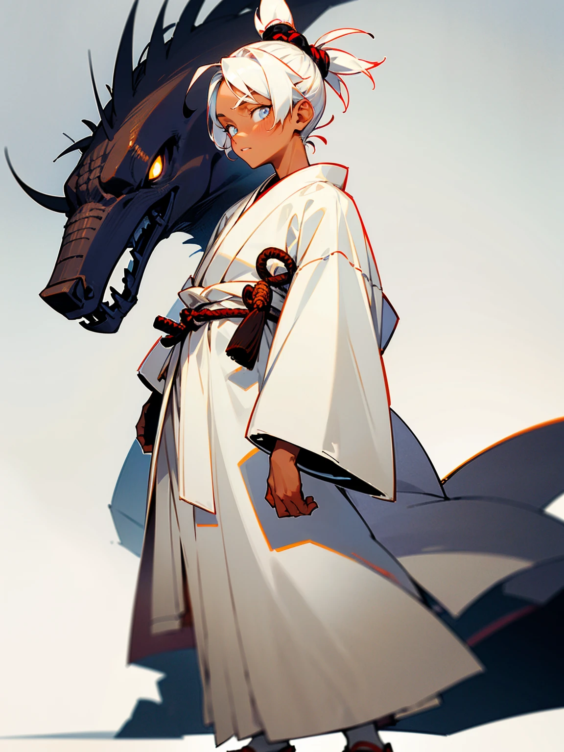 1boy, male focus, age 15, ((child,)) white hair, topknot, bright white eyes, calm expression, white clothes, samurai robes, sandals, dark skin, hands to side, white room background, detailed background, detailed face, facing viewer, standing still