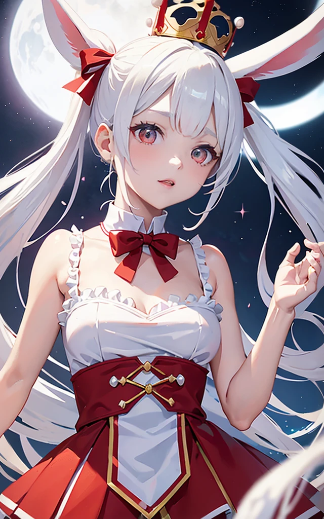 Rabbit ears,White twin ponytails,Bai Changzhi,crown,castle,White pleated dress,Red Eye,Big red gem on chest,There is a red bow on the neck,The upper body is decorated with many pearls,sleeveless,Royal sister,night,Glowing red sea water