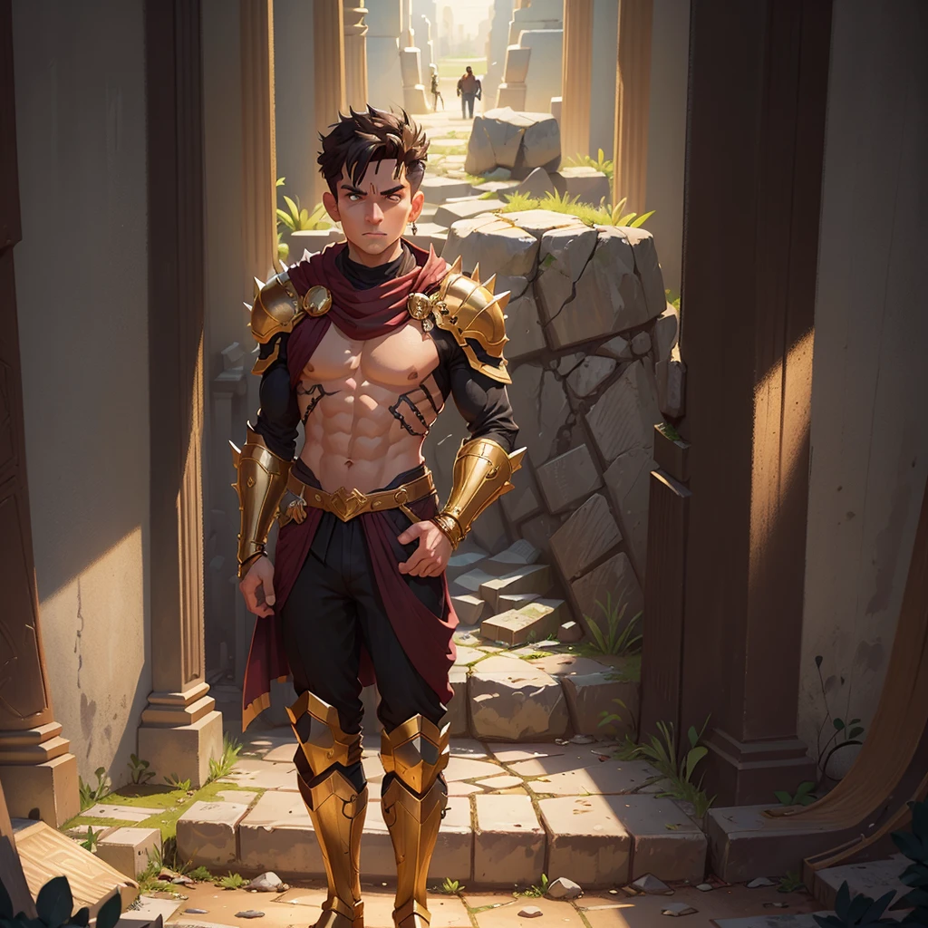 A handsome man wirh short spiky dark hair, with a solemn expression looking towards the camera, his eyes shows a hint of nostalgia, he wears a complete gold armor that covers his entire body and that shines in the darkness,  he stands in front of a greek temple