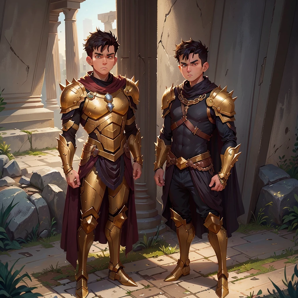 A handsome man wirh short spiky dark hair, with a solemn expression looking towards the camera, his eyes shows a hint of nostalgia, he wears a complete gold armor that covers his entire body and that shines in the darkness, he stands in front of a greek temple