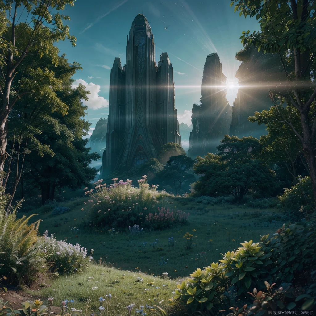 Stunning sci-fi fantasy landscape replete with flora. Wonderous and full of enchanting mysteries. Hyperrealistic, sharp focus, mixed media, dramatic lighting, ultra-detailed, ray-traced, award-winning, light leaks, high contrast, warm colors, color graded, zavy-rmlght, chiaroscuro, fluorescence, artialien