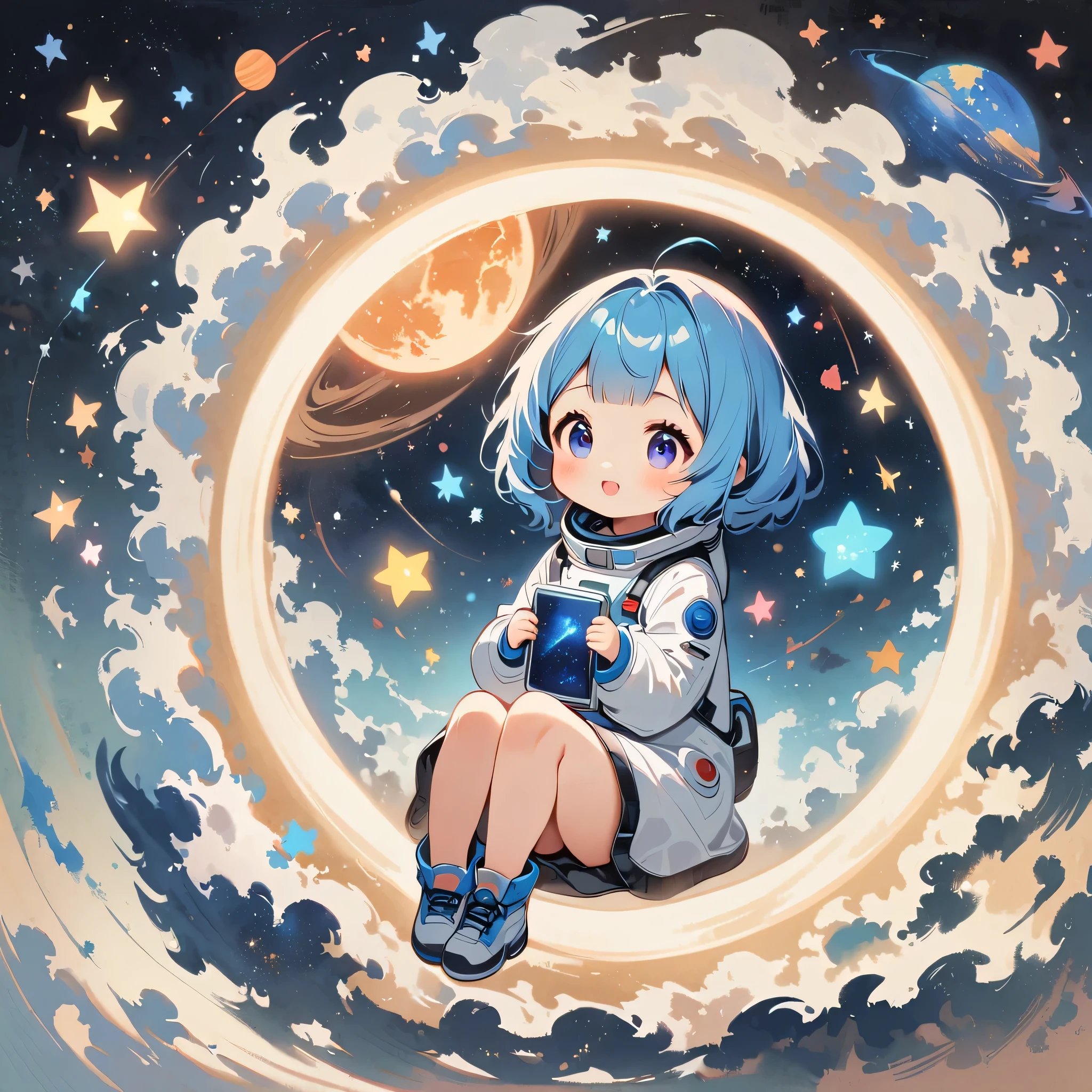 Girl sit in spacesuit floating in space,blue hair, surrounded by the Milky Way, the universe , cutely. กินขนม เจอเอเลี่ยน